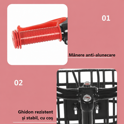 Bicicletă copii LUDIRO 16 inch, roți ajutătoare LED, coș frontal, roșu-negru | 4–8 Ani - LUDIRO