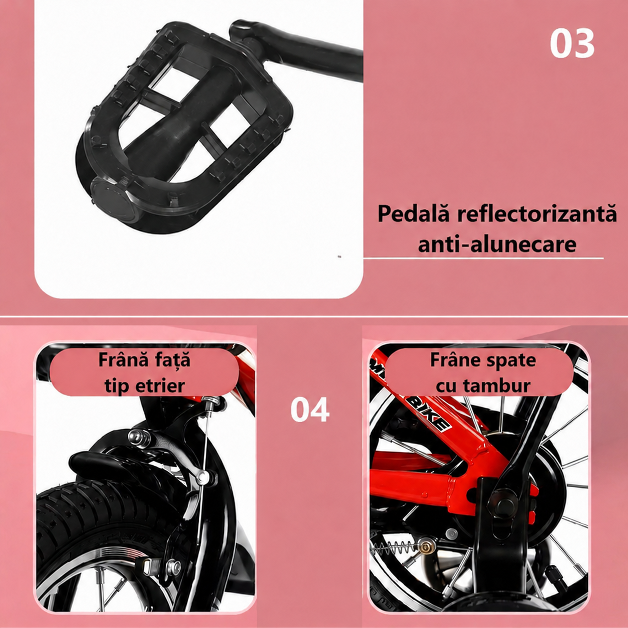 Bicicletă copii LUDIRO 16 inch, roți ajutătoare LED, coș frontal, roșu-negru | 4–8 Ani - LUDIRO