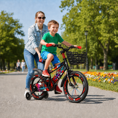 Bicicletă copii LUDIRO 16 inch, roți ajutătoare LED, coș frontal, roșu-negru | 4–8 Ani - LUDIRO