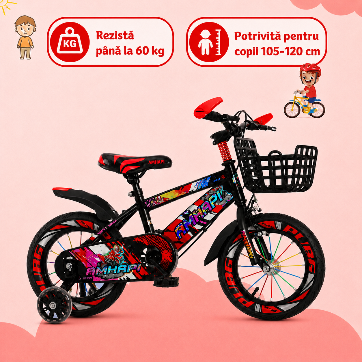 Bicicletă copii LUDIRO 16 inch, roți ajutătoare LED, coș frontal, roșu-negru | 4–8 Ani - LUDIRO