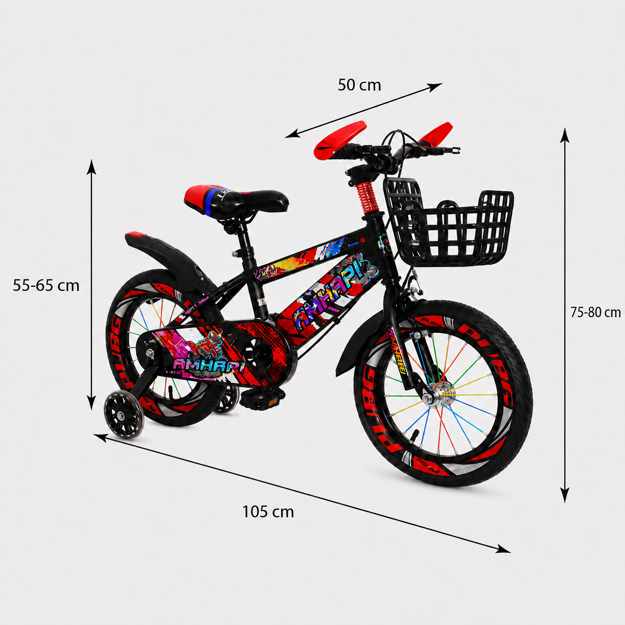 Bicicletă copii LUDIRO 16 inch, roți ajutătoare LED, coș frontal, roșu-negru | 4–8 Ani - LUDIRO