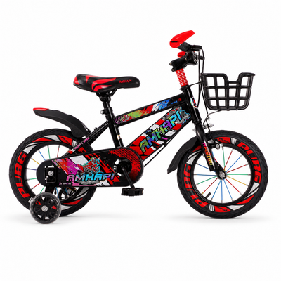 Bicicletă copii LUDIRO 16 inch, roți ajutătoare LED, coș frontal, roșu-negru | 4–8 Ani - LUDIRO