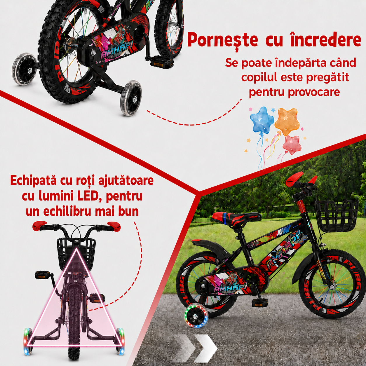 Bicicletă copii LUDIRO 16 inch, roți ajutătoare LED, coș frontal, roșu-negru | 4–8 Ani - LUDIRO