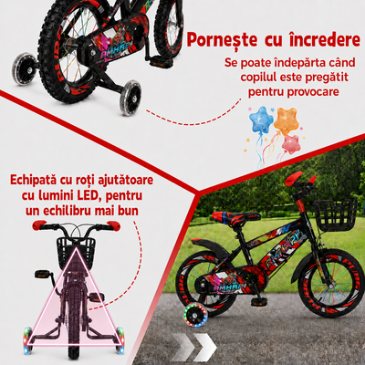 Bicicletă copii LUDIRO 16 inch, roți ajutătoare LED, coș frontal, roșu-negru | 4–8 Ani - LUDIRO