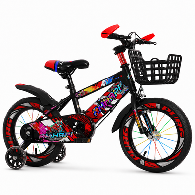 Bicicletă copii LUDIRO 16 inch, roți ajutătoare LED, coș frontal, roșu-negru | 4–8 Ani - LUDIRO