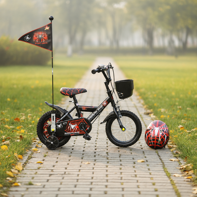 Bicicletă copii 14 inch LUDIRO Spider Net, negru-roșu, cu cască, steag, roți ajutătoare și coș frontal, 3-6 ani - LUDIRO