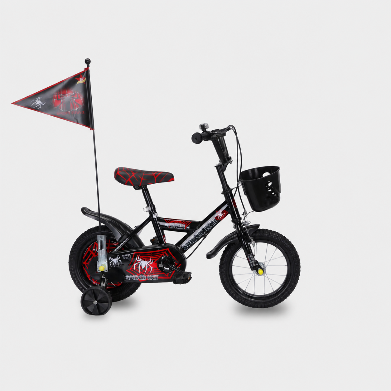 Bicicletă copii 14 inch LUDIRO Spider Net, negru-roșu, cu cască, steag, roți ajutătoare și coș frontal, 3-6 ani - LUDIRO