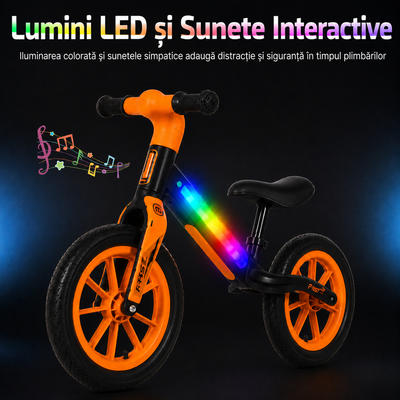 Bicicletă de echilibru Ludiro 12 inch portocaliu, cu lumini LED și sunete, 2-5 ani - LUDIRO