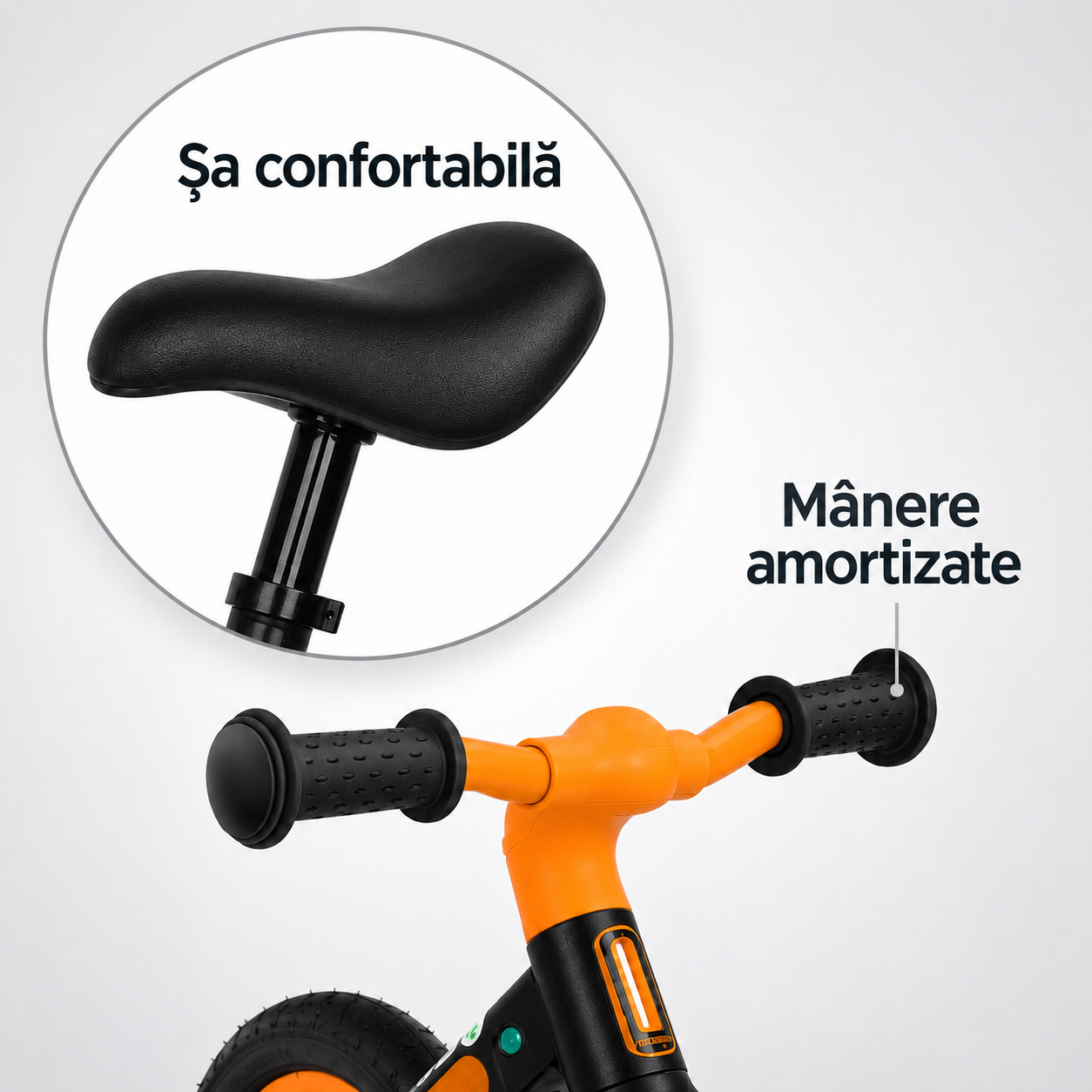 Bicicletă de echilibru Ludiro 12 inch portocaliu, cu lumini LED și sunete, 2-5 ani - LUDIRO