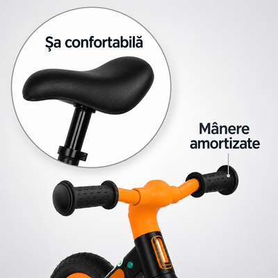 Bicicletă de echilibru Ludiro 12 inch portocaliu, cu lumini LED și sunete, 2-5 ani - LUDIRO