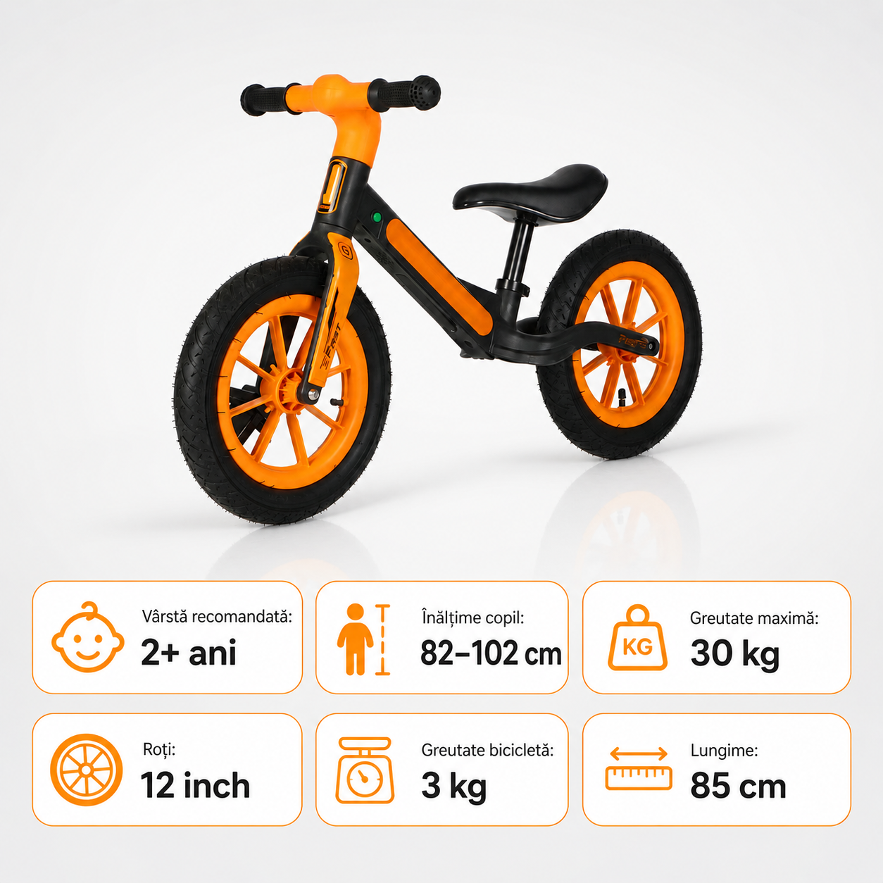 Bicicletă de echilibru Ludiro 12 inch portocaliu, cu lumini LED și sunete, 2-5 ani - LUDIRO