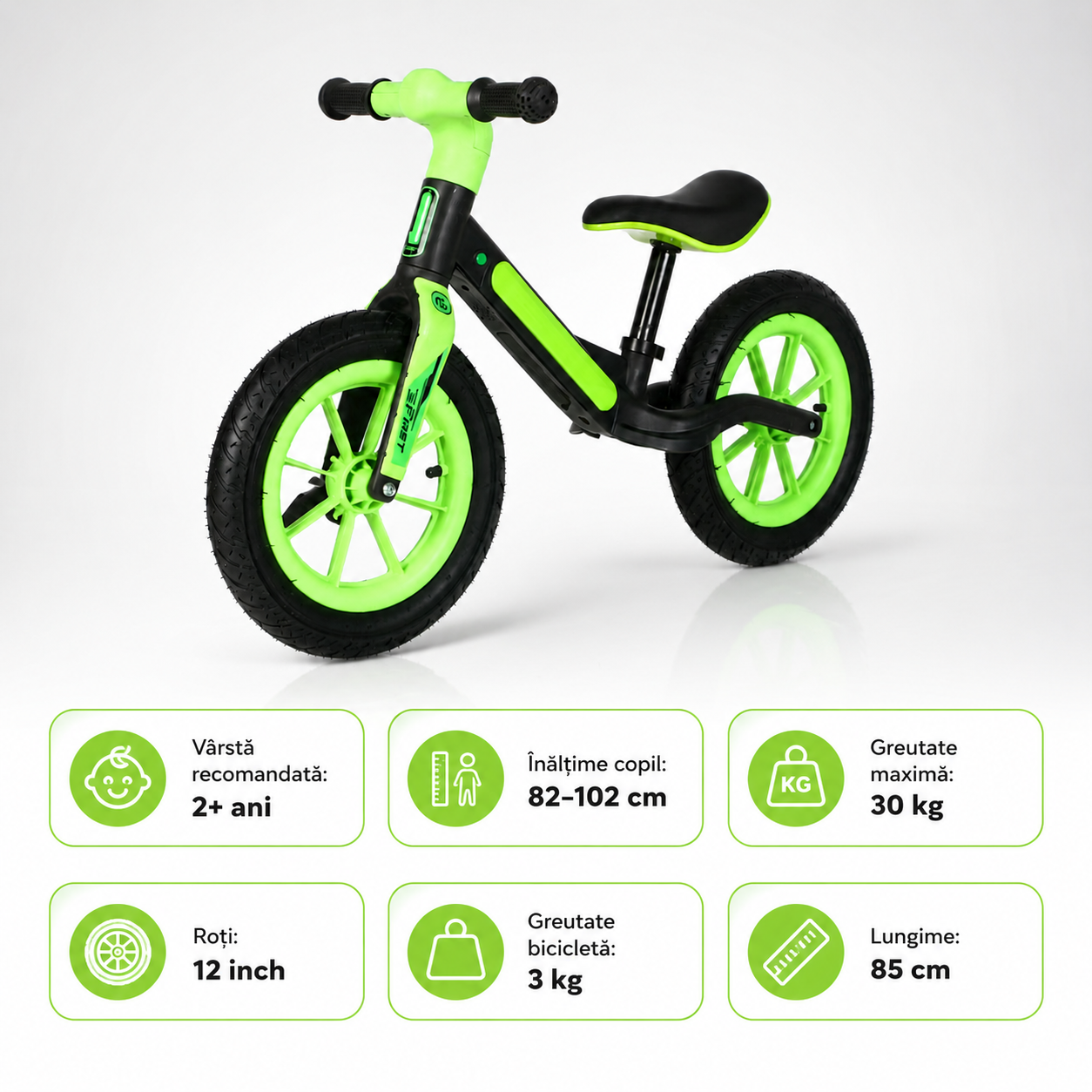 Bicicletă de echilibru Ludiro 12 inch verde, cu lumini LED și sunete, 2-5 ani - LUDIRO