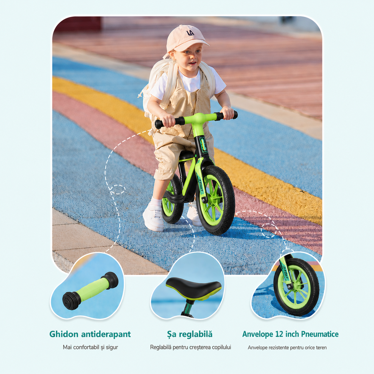 Bicicletă de echilibru Ludiro 12 inch verde, cu lumini LED și sunete, 2-5 ani - LUDIRO