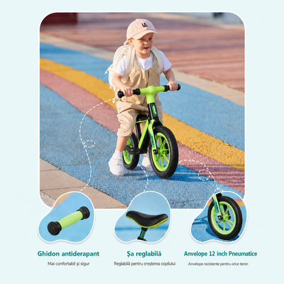 Bicicletă de echilibru Ludiro 12 inch verde, cu lumini LED și sunete, 2-5 ani - LUDIRO