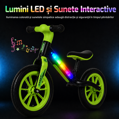 Bicicletă de echilibru Ludiro 12 inch verde, cu lumini LED și sunete, 2-5 ani - LUDIRO