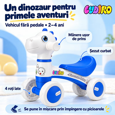 Bicicleta Dinozaur LUDIRO cu mânere ușor de prins, șezut curbat și 4 roți late, fără pedale