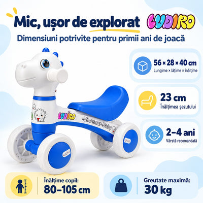Dimensiunile bicicletei Dinozaur LUDIRO: 56 x 28 x 40 cm, șezut la 23 cm, copii de 80–105 cm, maximum 30 kg