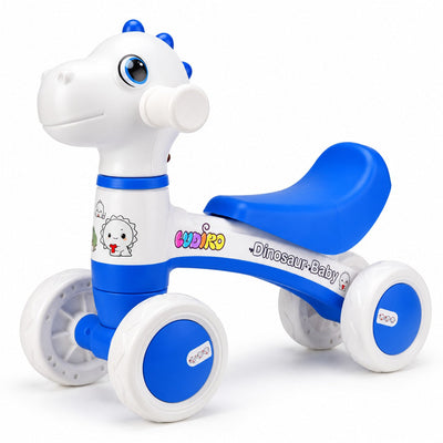 Bicicletă fără pedale LUDIRO Dinozaur, albastră cu alb, cu 4 roți și șezut curbat, pe fond alb, produs resigilat