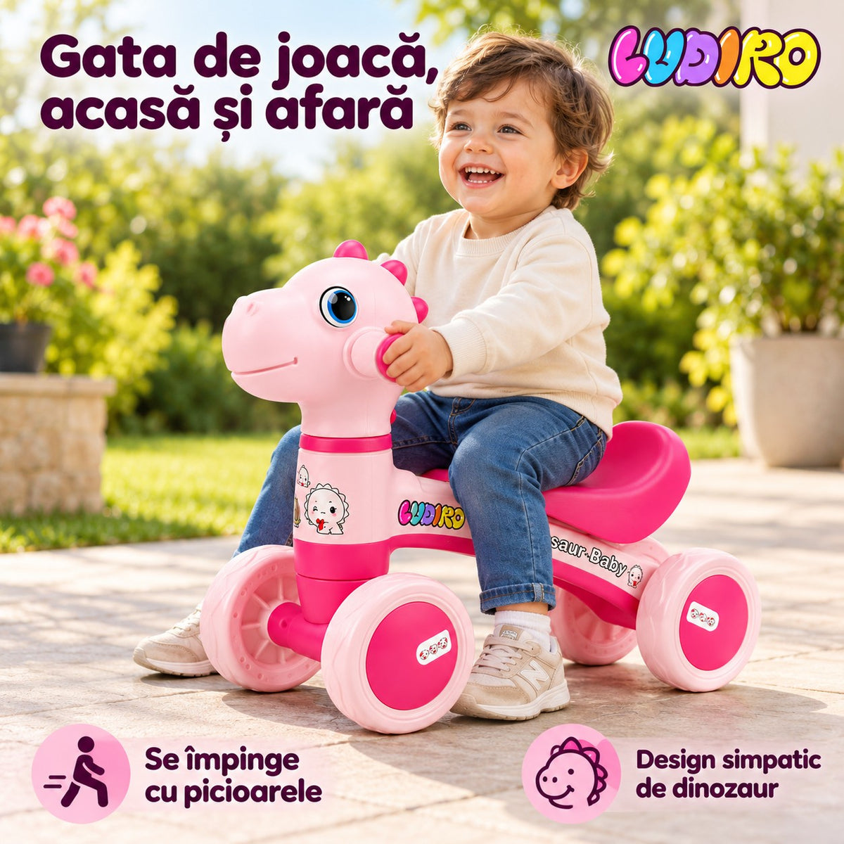 Băiețel pe bicicleta Dinozaur LUDIRO roz în curte, cu textul Gata de joacă, acasă și afară