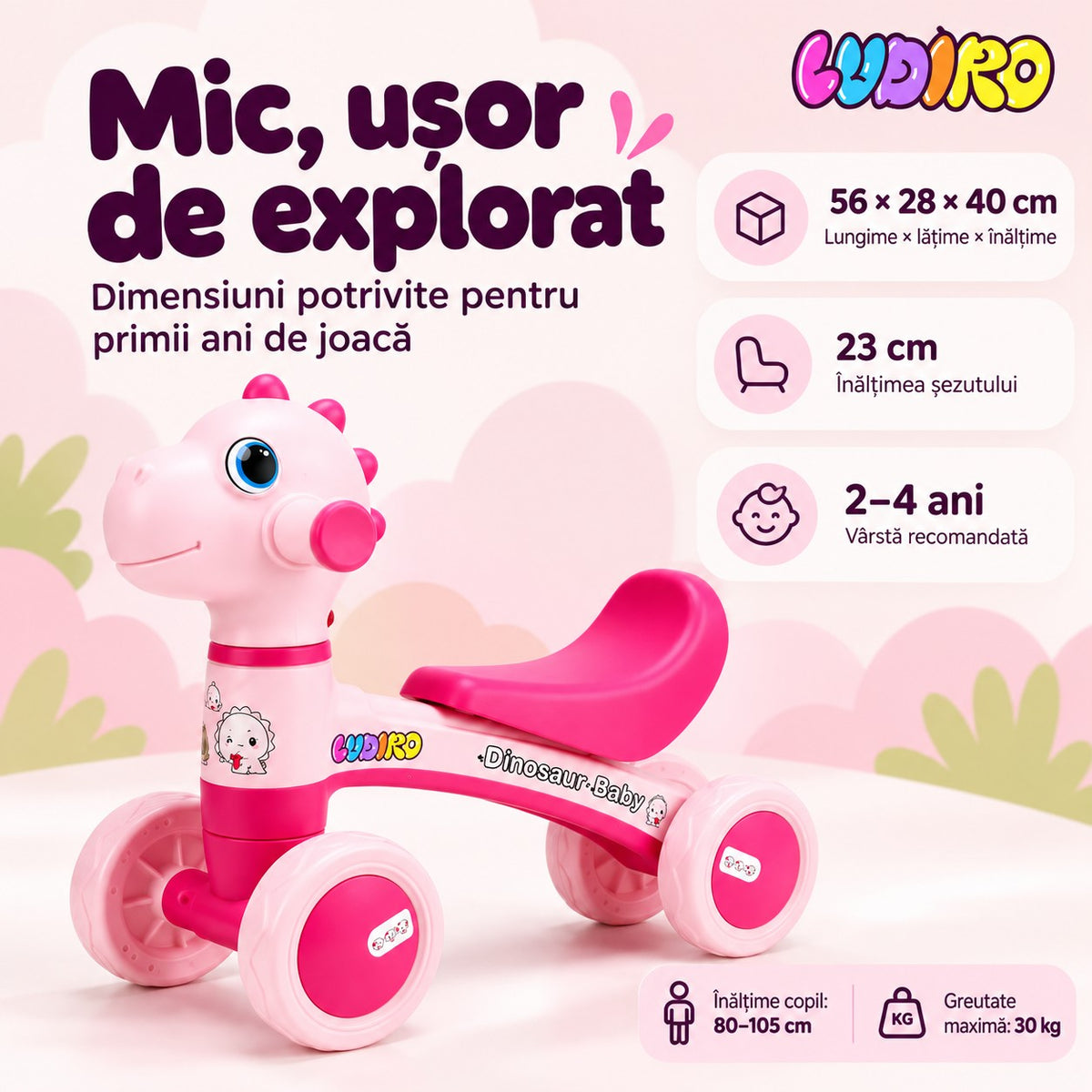 Dimensiunile bicicletei Dinozaur LUDIRO roz: 56 x 28 x 40 cm, șezut la 23 cm, copii de 80–105 cm, maximum 30 kg