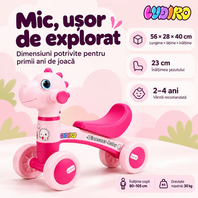Dimensiunile bicicletei Dinozaur LUDIRO roz: 56 x 28 x 40 cm, șezut la 23 cm, copii de 80–105 cm, maximum 30 kg