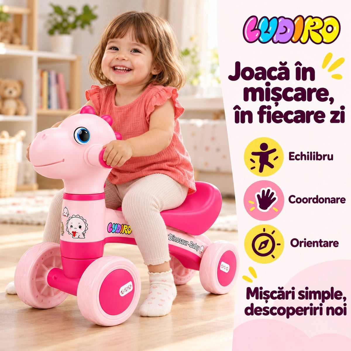 Fetiță pe bicicleta Dinozaur LUDIRO roz, cu iconițele Echilibru, Coordonare și Orientare, produs resigilat