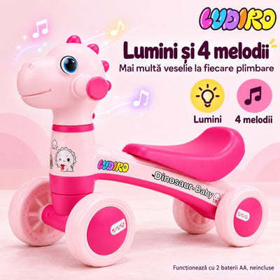 Capul de dinozaur al bicicletei LUDIRO roz, cu lumini și 4 melodii, pe 2 baterii AA neincluse, produs resigilat