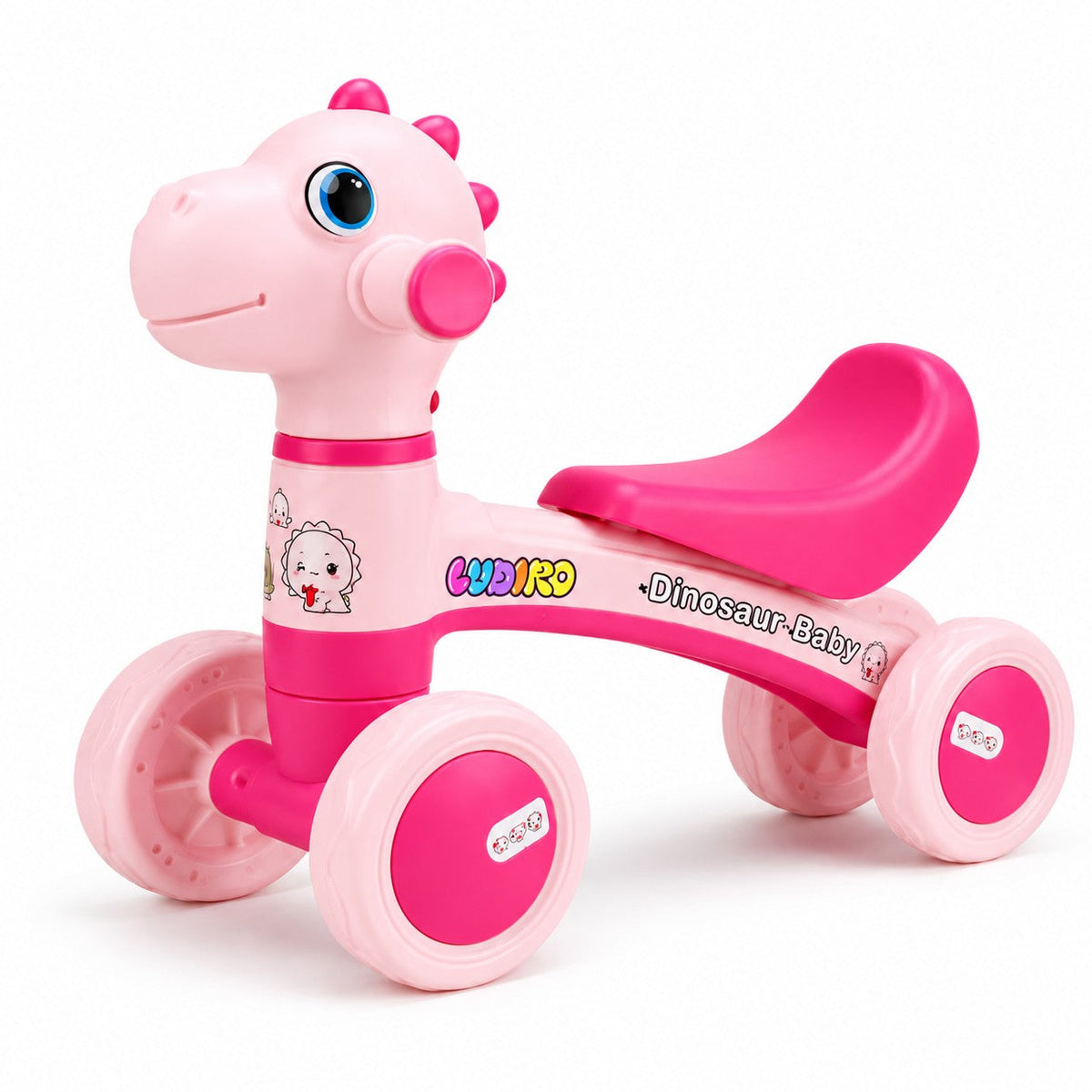 Bicicletă fără pedale LUDIRO Dinozaur roz, cu 4 roți și șezut curbat, pe fond alb, produs resigilat