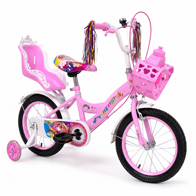 Bicicletă fete 16 inch LUDIRO roz cu roți ajutătoare, coș și scaun pentru păpușă