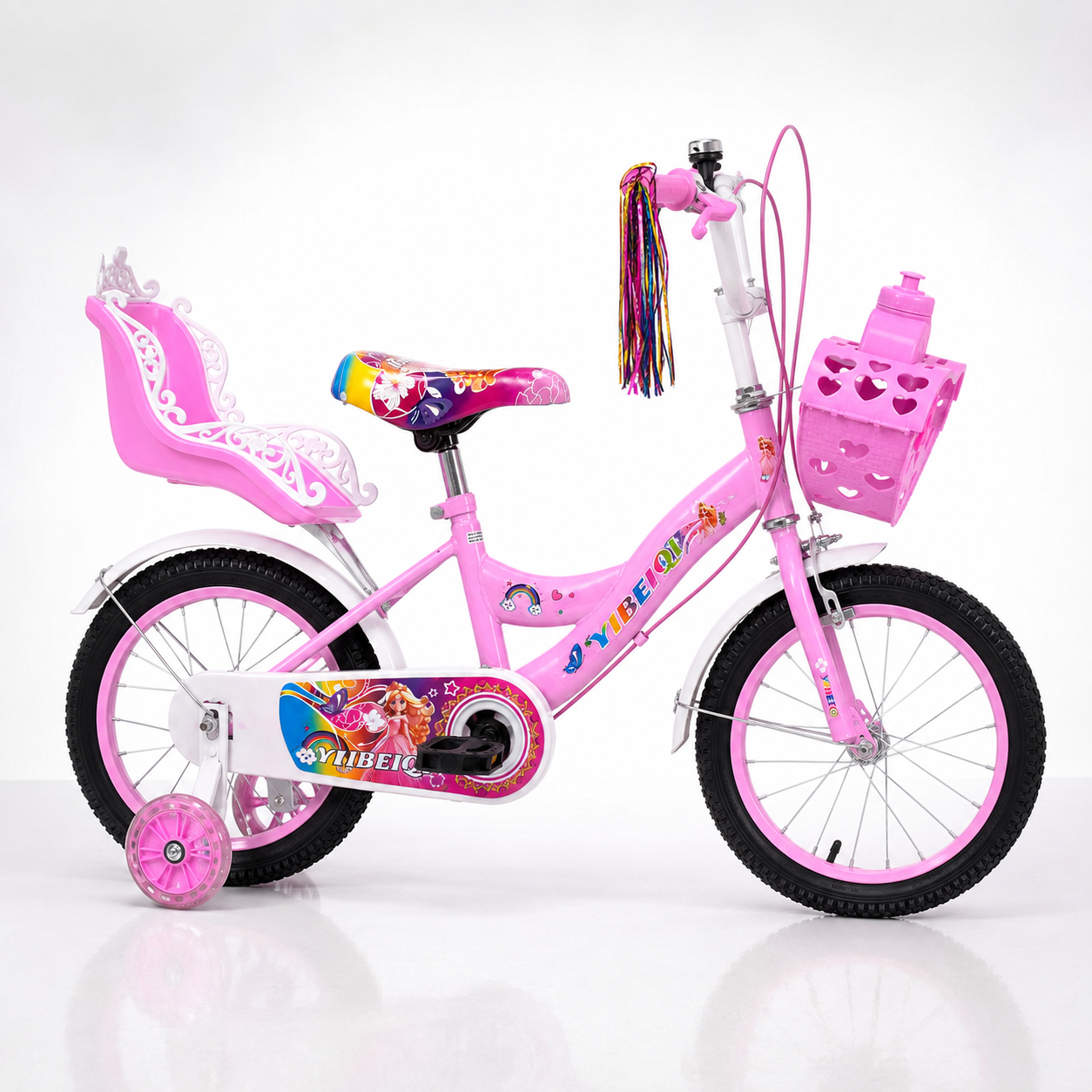 Bicicletă fete 16 inch LUDIRO roz cu roți ajutătoare, coș și scaun pentru păpușă