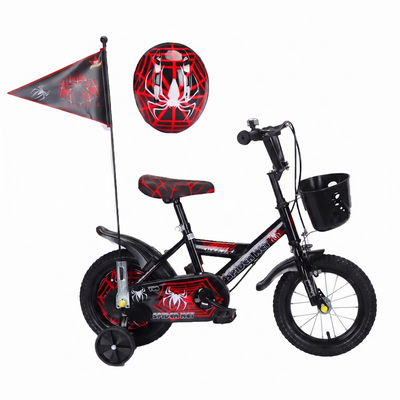 Bicicletă copii 14 inch LUDIRO Spider Net, negru-roșu, cu cască, steag, roți ajutătoare și coș frontal, 3-6 ani - LUDIRO