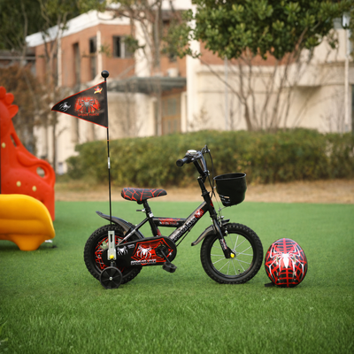 Bicicletă copii 14 inch LUDIRO Spider Net, negru-roșu, cu cască, steag, roți ajutătoare și coș frontal, 3-6 ani - LUDIRO