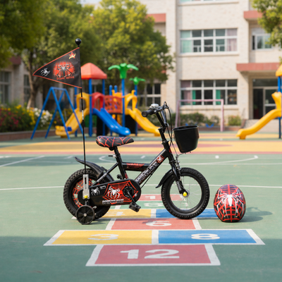 Bicicletă copii 14 inch LUDIRO Spider Net, negru-roșu, cu cască, steag, roți ajutătoare și coș frontal, 3-6 ani - LUDIRO