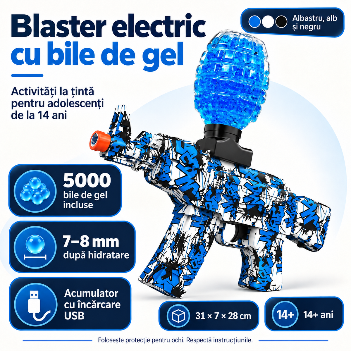 Caracteristici ale blasterului electric albastru: 5000 bile de gel de 7–8 mm, acumulator USB și recomandare 14+ ani