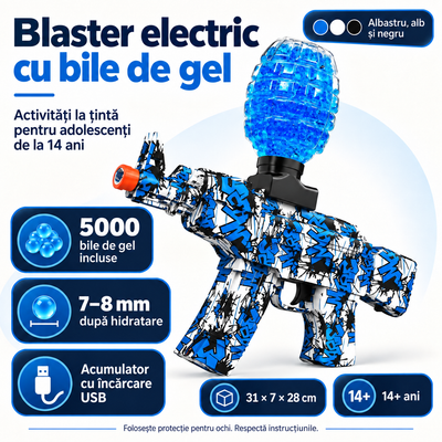 Caracteristici ale blasterului electric albastru: 5000 bile de gel de 7–8 mm, acumulator USB și recomandare 14+ ani