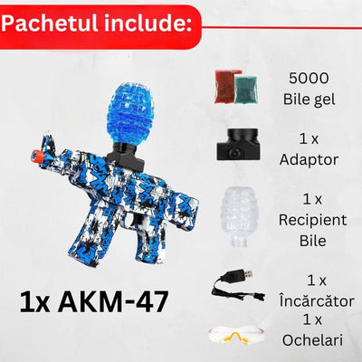 Conținutul pachetului albastru: blaster, 5000 bile de gel, recipient, adaptor, cablu USB și ochelari