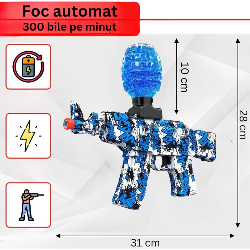 Dimensiunile blasterului albastru cu recipient montat și prezentarea funcționării electrice
