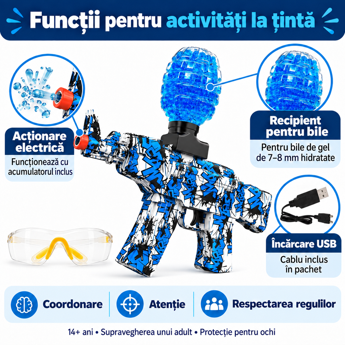 Funcții ale blasterului cu bile de gel albastru: acționare electrică, recipient pentru bile și acumulator reîncărcabil