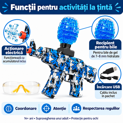 Funcții ale blasterului cu bile de gel albastru: acționare electrică, recipient pentru bile și acumulator reîncărcabil
