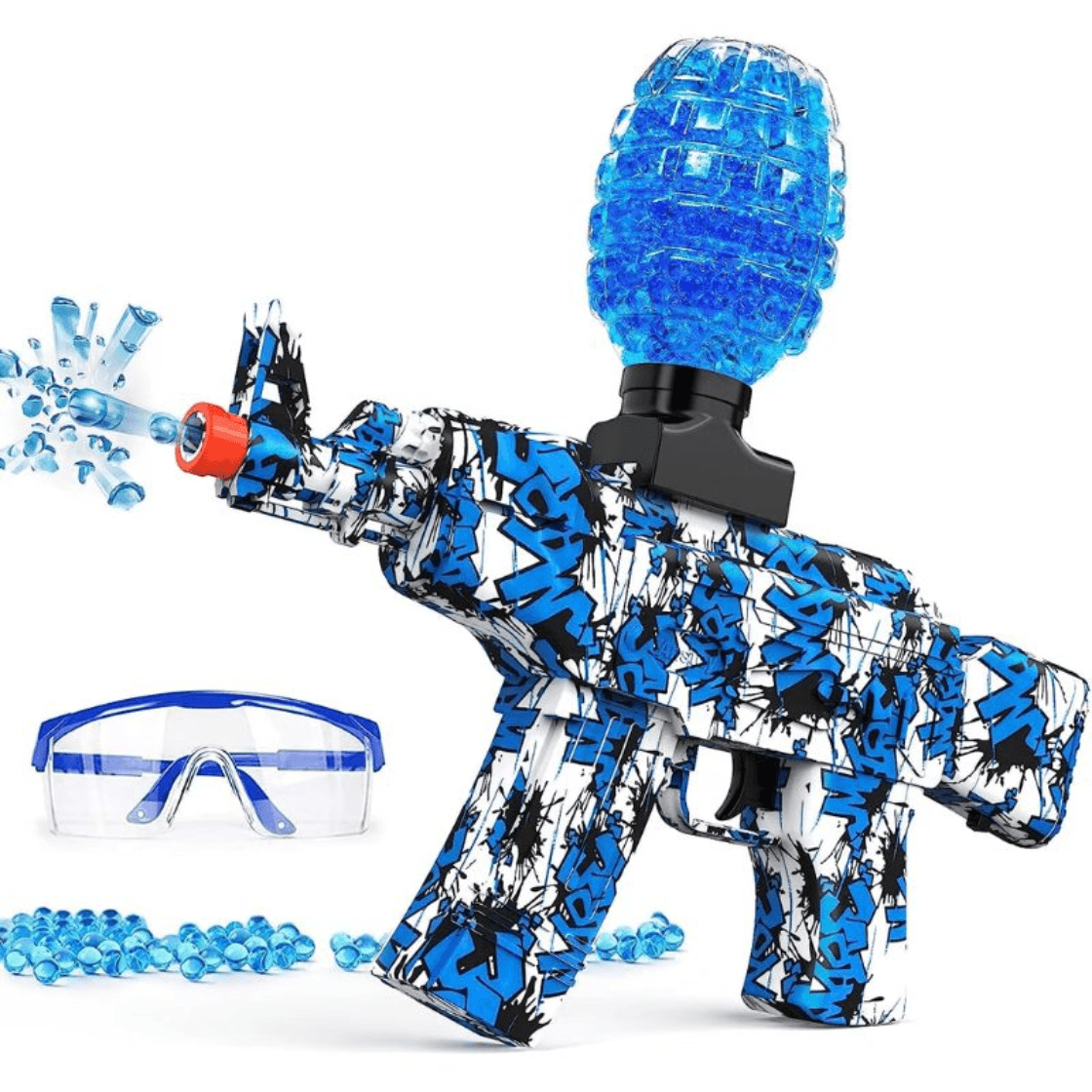Blaster electric albastru, alb și negru cu recipient pentru bile de gel și ochelari incluși