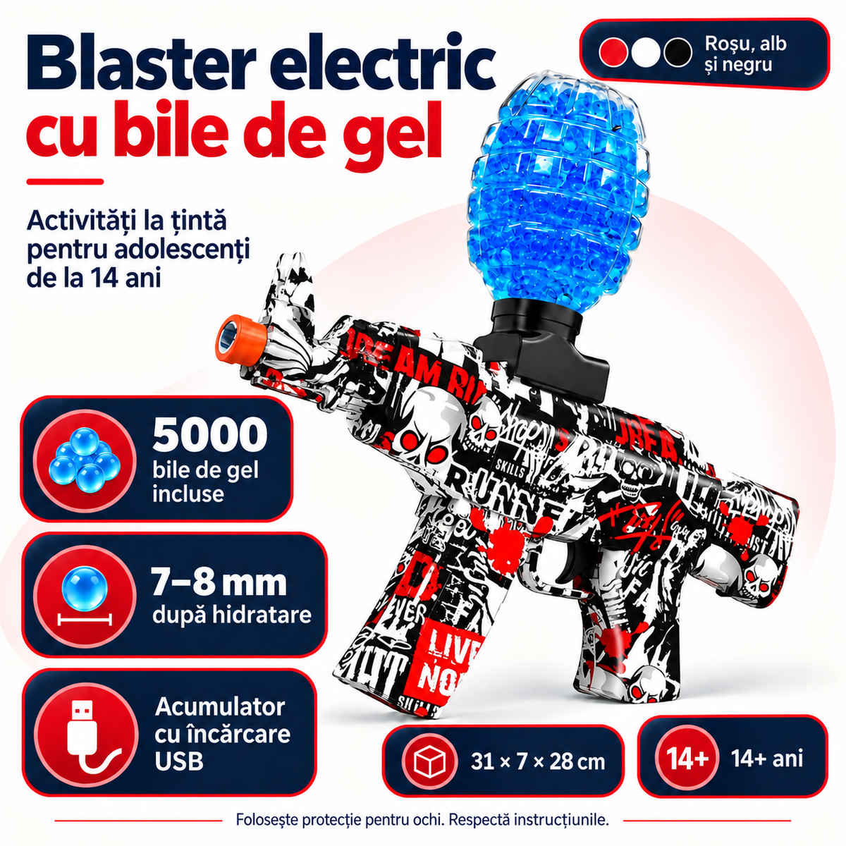 Caracteristici ale blasterului electric roșu: 5000 bile de gel de 7–8 mm, acumulator USB și recomandare 14+ ani