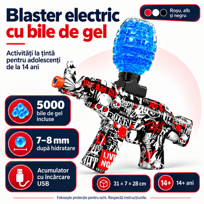 Caracteristici ale blasterului electric roșu: 5000 bile de gel de 7–8 mm, acumulator USB și recomandare 14+ ani