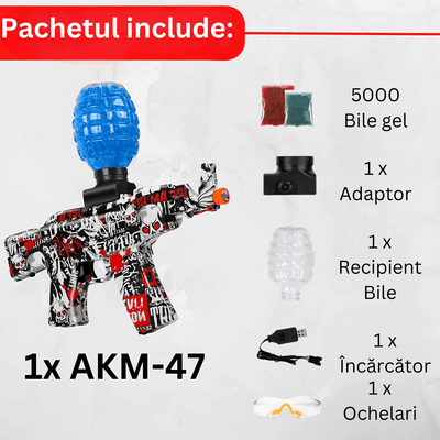 Conținutul pachetului roșu: blaster, 5000 bile de gel, recipient, adaptor, cablu USB și ochelari