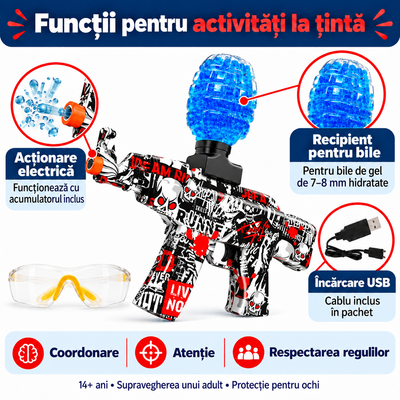 Funcții ale blasterului cu bile de gel roșu: acționare electrică, recipient pentru bile și acumulator reîncărcabil