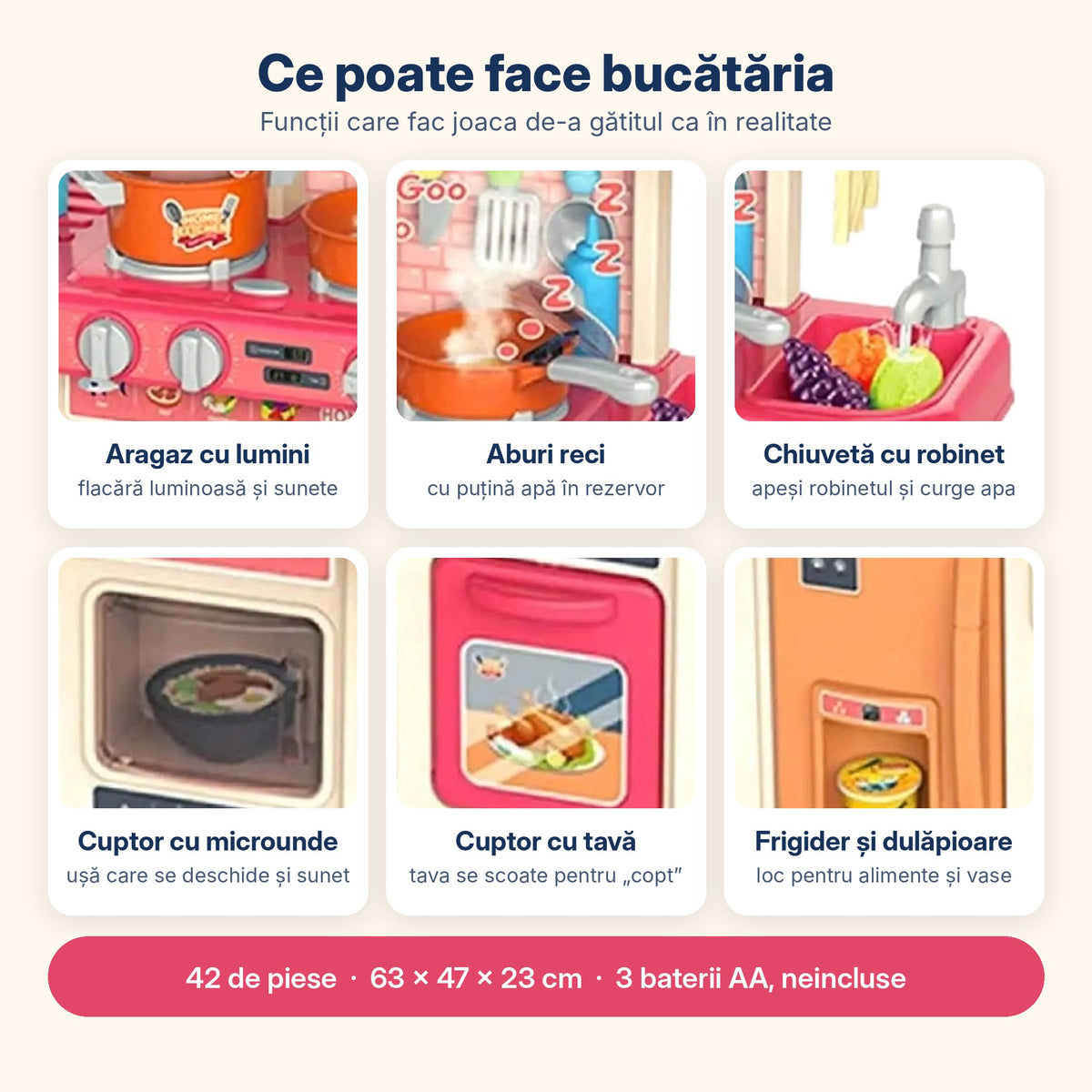Funcțiile bucătăriei roz: aragaz cu lumini, aburi reci, chiuvetă cu robinet, cuptor și microunde