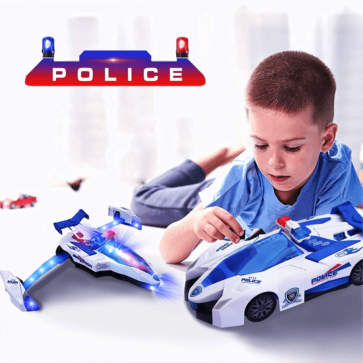Masinuta de Politie Transformabila in Avion, Cu Sunete si Lumini Led Interactive, 25.4x5x11 Cm, Alb Albastru, + 3 Ani - LUDIRO