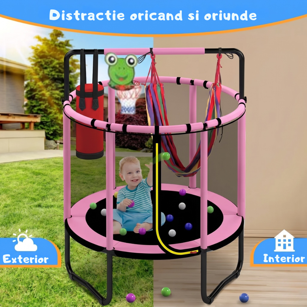 Resigilat - Trambulină pentru copii 8 în 1, Diametru 140 cm, cu plasă de siguranță, hamac, inele și coș de baschet, pentru interior și exterior, Certificare de Siguranta, Roz