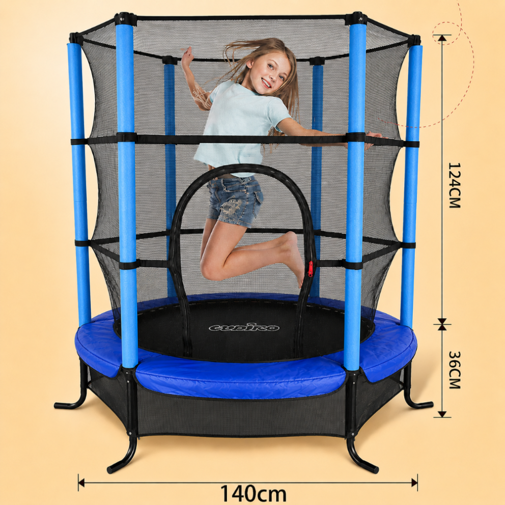 Trambulina pentru Copii LUDIRO, Diametru 140 Cm, Inaltime 160 Cm, Cu Plasa de Siguranta, Suporta 200 kg, Interior sau Exterior, Pentru Dezvoltarea Echilibrului, Albastra, + 3 Ani - LUDIRO