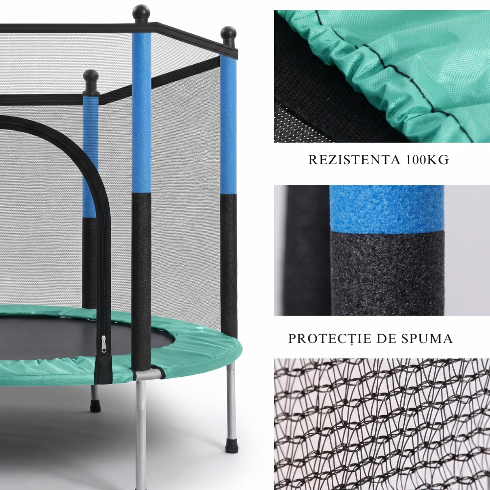 Trambuliná pentru Copii 140 Cm cu Plasă de Protecție, Interior și Exterior, 1–6 ani, Montaj cu Buton de Blocare, Certificare de Siguranta, Verde Albastru - LUDIRO
