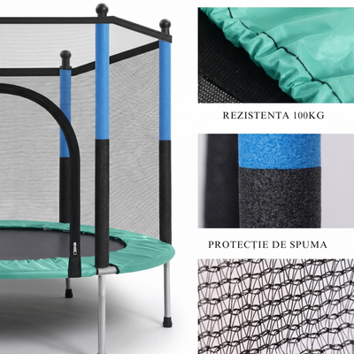 Trambuliná pentru Copii 140 Cm cu Plasă de Protecție, Interior și Exterior, 1–6 ani, Montaj cu Buton de Blocare, Certificare de Siguranta, Verde Albastru - LUDIRO